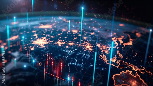 Futuristic global network visualization highlighting data connections and digital pathways on a world map, emphasizing technology and communication. © 1st footage
