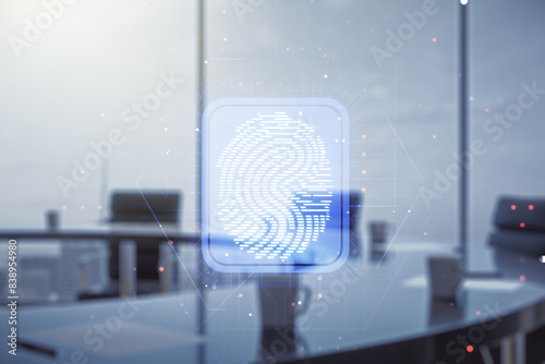Abstract virtual fingerprint illustration on a modern coworking room background, personal biometric data concept. Multiexposure