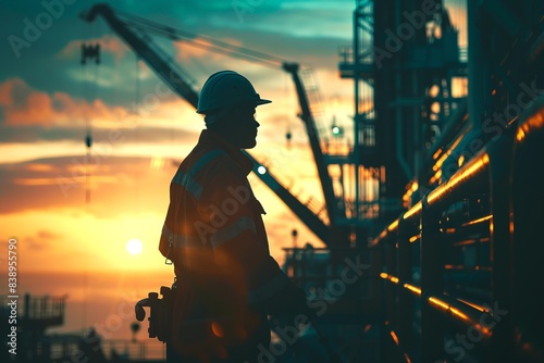 Silhouette of a construction worker at sunset  surrounded by cranes and industrial structures  symbolizing hard work and dedication.
