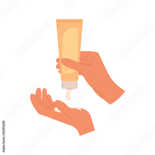 Woman hand squeezing cream from a cosmetics tube to a palm. Skincare daily routine