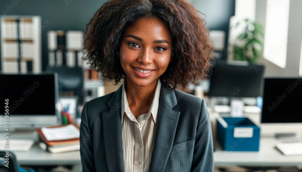 Smiling businesswoman in a modern office. Concept: Professionalism and confidence. Relevant for corporate promotions, business websites, or articles on career success and workplace diversity Smiling businesswoman in a modern office. Concept: Professionalism and confidence. Relevant for corporate promotions, business websites, or articles on career success and workplace diversity
