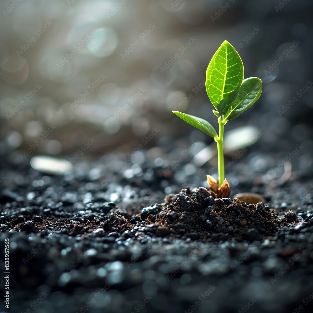 Young green plant emerging from fertile soil, symbolizing growth ...