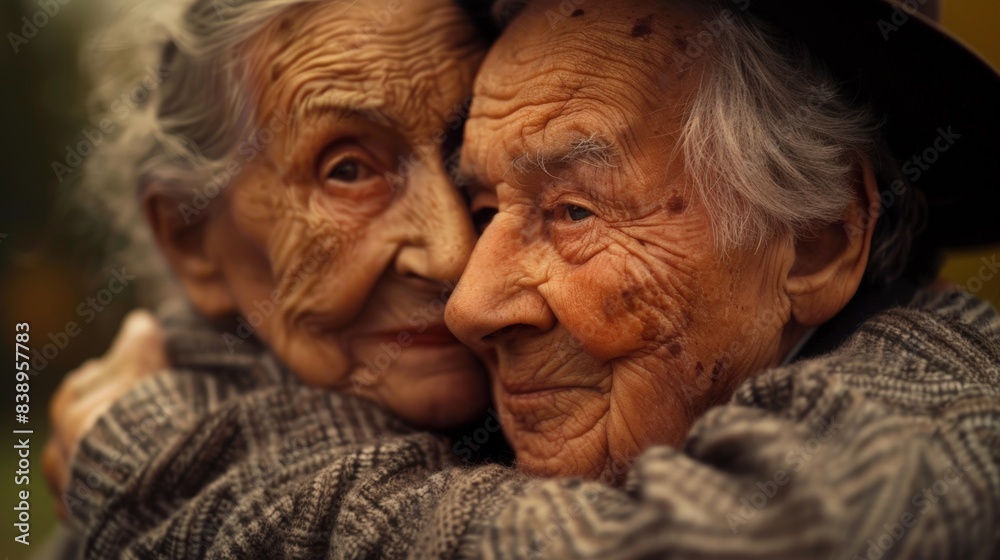 Two elderly people hug each other Two elderly people hug each other