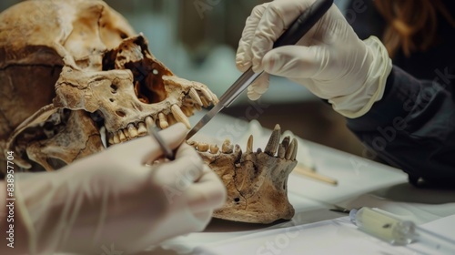 Forensic scientists examine a human skull and jawbone with tools, wearing gloves, at a lab table. Detailed study in forensic anthropology.