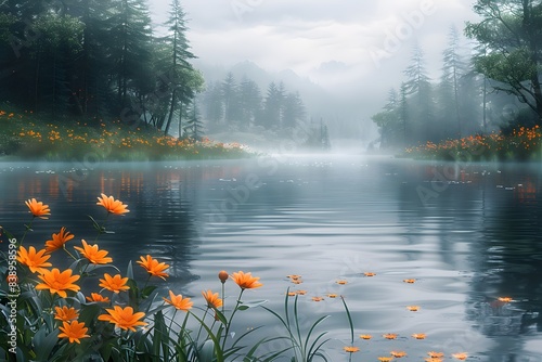 Beautiful view of a large mountain lake on a foggy morning. photo