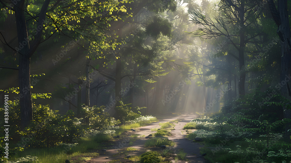 Fototapeta premium Sun rays peek through misty green trees, casting a magical light on a forest path