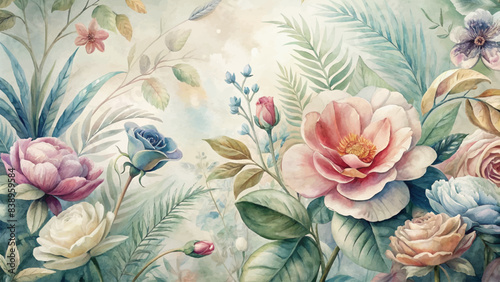 Vintage watercolor background featuring botanicals