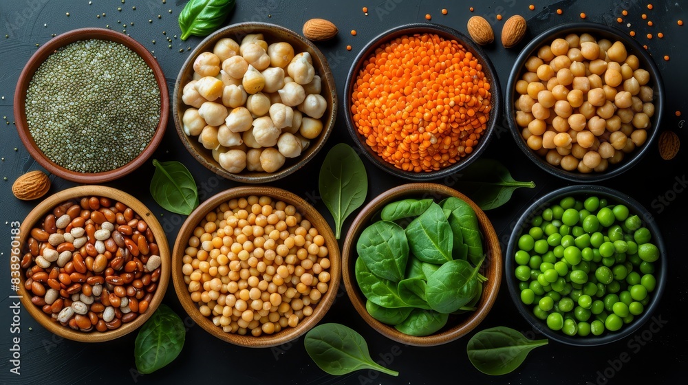 Protein rich foods variety on gray table, ideal for healthy diet with copy space Protein rich foods variety on gray table, ideal for healthy diet with copy space