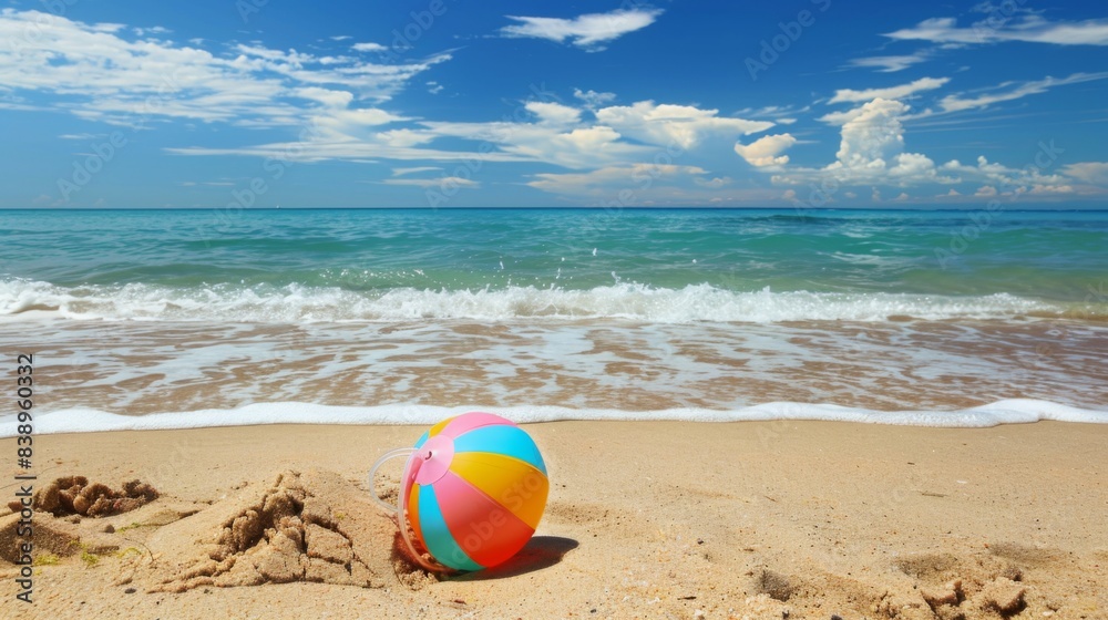 Summer holidays. Beach background with ball. Illustration generated by ai Summer holidays. Beach background with ball. Illustration generated by ai