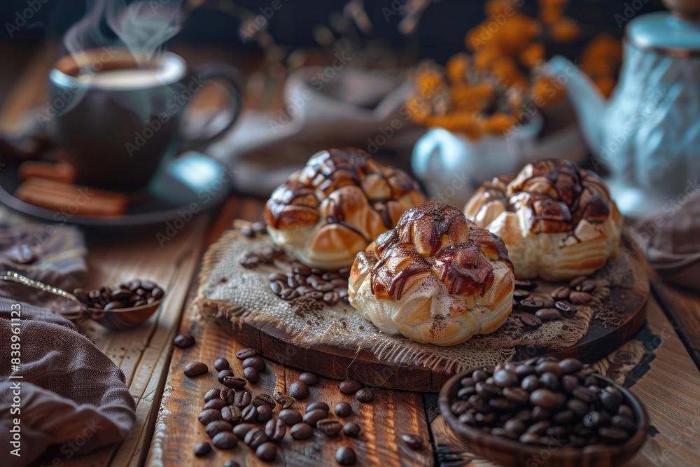 Cozy coffee and pastry setup with croissants, coffee beans, and a cup of hot coffee on a rustic wooden table.