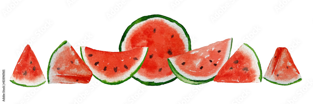 Watermelon slices banner, isolated on white background, watercolor illustration, for card, invitation, design, backgrounds, cosmetics Watermelon slices banner, isolated on white background, watercolor illustration, for card, invitation, design, backgrounds, cosmetics