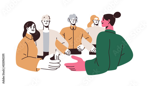 Joining team, work group. Social networking, communication, adaptability concept. Corporate society, culture. Colleague relationships, community. Flat vector illustration isolated on white background photo
