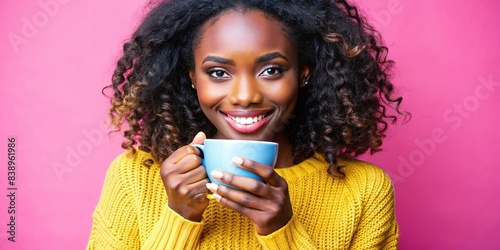 Young pretty African woman Black curly hair Smiling  drinking coffee sunrise photo
