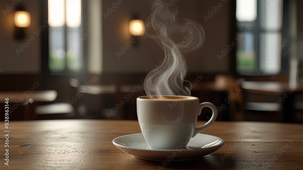 Coffee cup with hot steaming coffee on the table. Coffee cup with hot steaming coffee on the table.