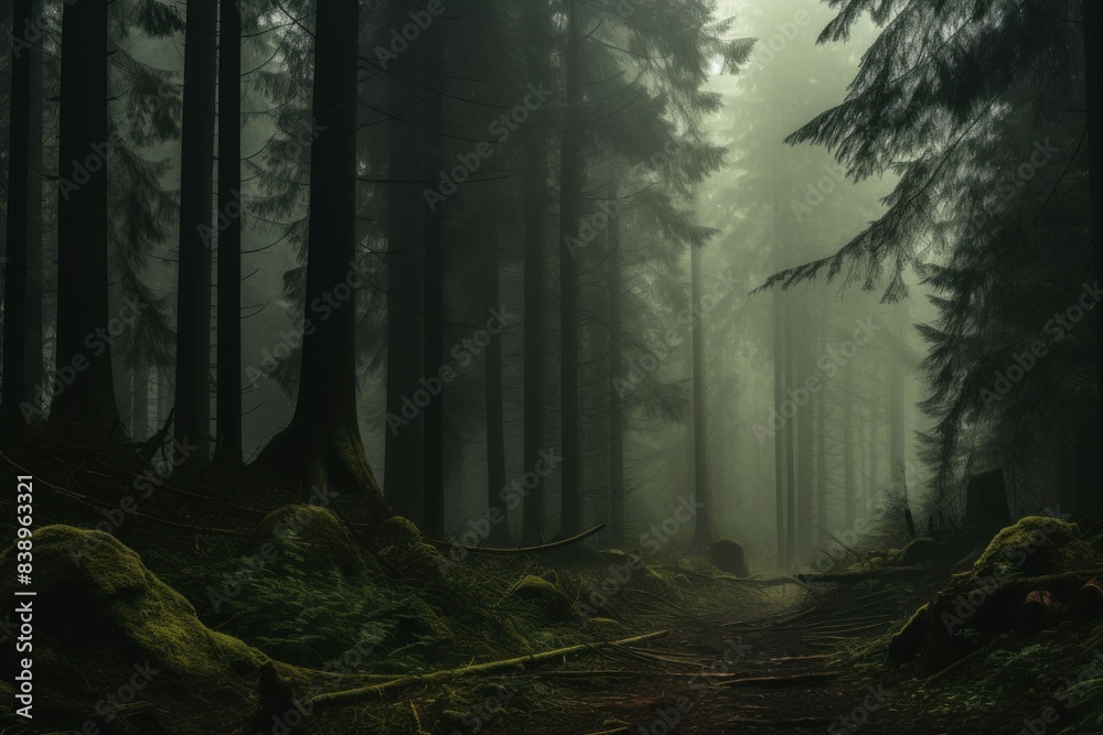 Naklejka premium Tranquil and serene enigmatic forest mist with moody and mystical atmosphere in lush and greenery woodland landscape, creating an eerie and earthy outdoor adventure environment