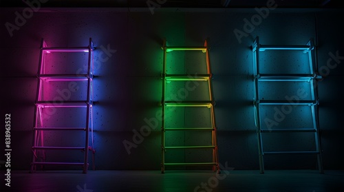 colorful ladders on the wall with neon lights.
