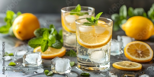 Minimalist lemonade with lemon slice mint ice cubes and soda in summer. Concept Summer Drinks, Lemonade Recipes, Refreshing Beverages, Mint Infused Cocktails, Homemade Soda
