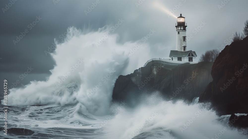 A historic lighthouse standing sentinel against crashing waves on a rocky coastline.