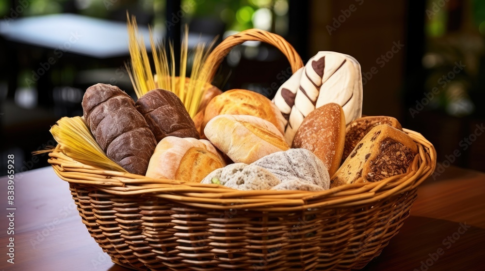 A basket filled with a variety of different types of bread A basket filled with a variety of different types of bread