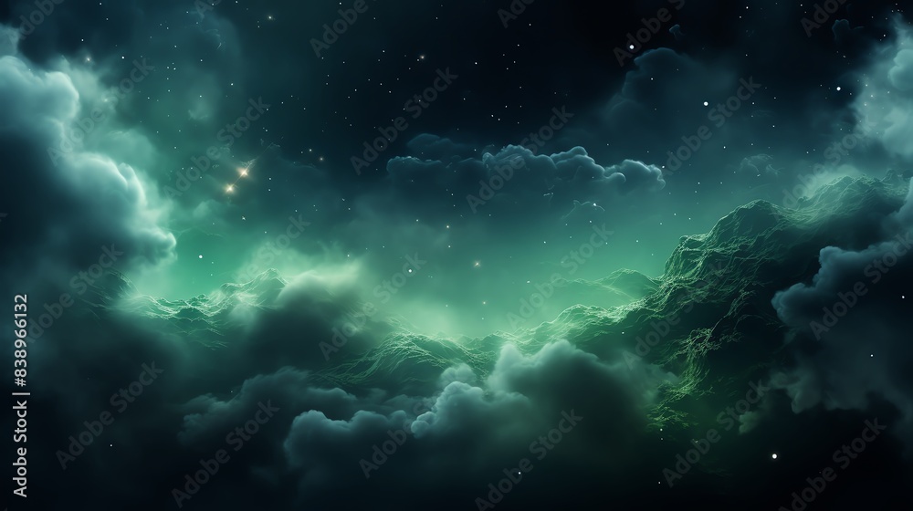 Green nebula with bright stars, deep space, glowing gas clouds, ethereal and mysterious cosmic scene Green nebula with bright stars, deep space, glowing gas clouds, ethereal and mysterious cosmic scene