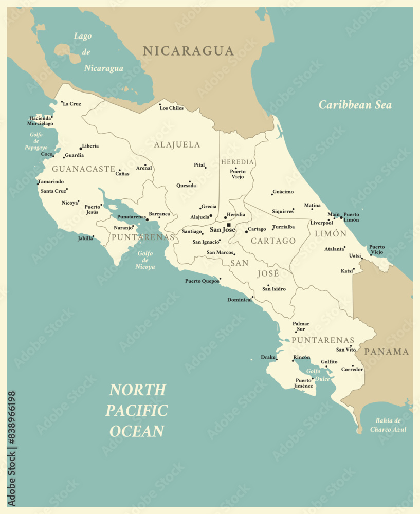 Fototapeta premium Costa Rica - detailed map with administrative divisions and capitals of countries. Vector illustration
