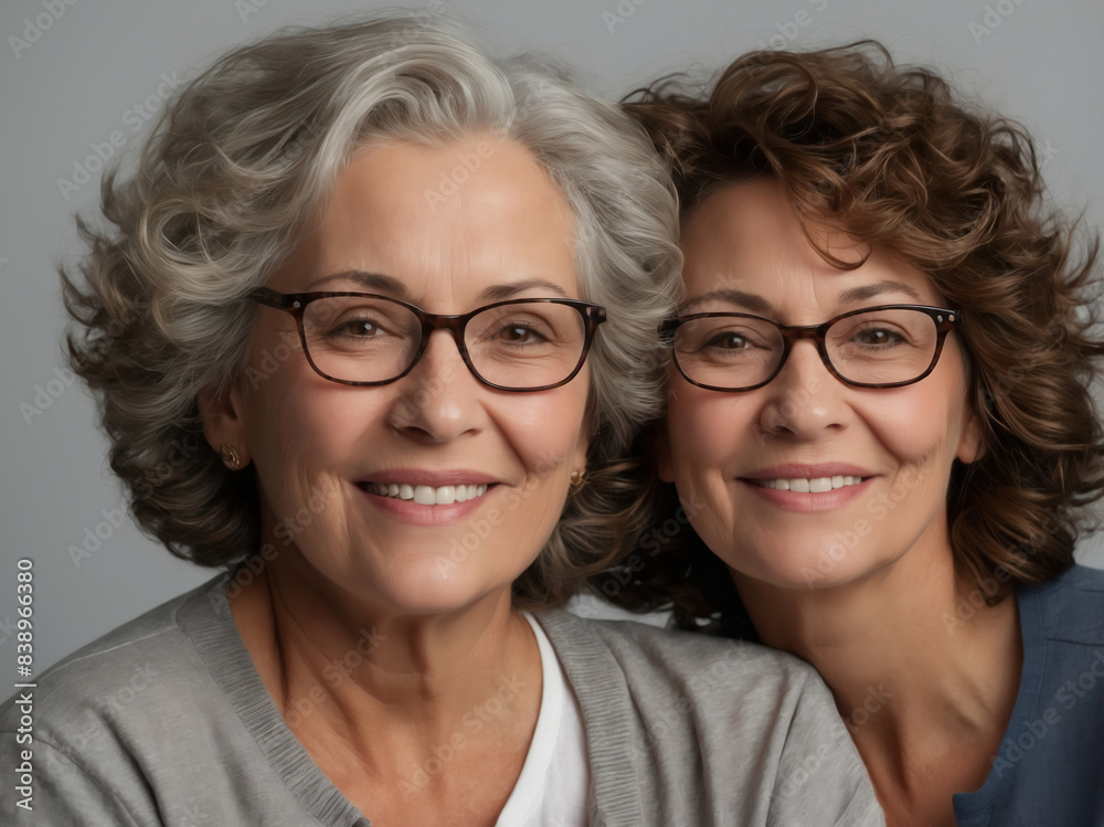 Two Smiling Older Women with Glasses and Curly Hair Posing Happily Together in a Studio Setting Two Smiling Older Women with Glasses and Curly Hair Posing Happily Together in a Studio Setting