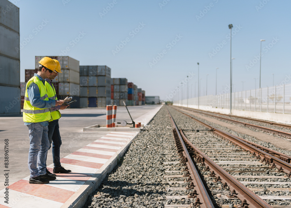 Workers in front of cargo containers near railway tracks on industrial site Workers in front of cargo containers near railway tracks on industrial site