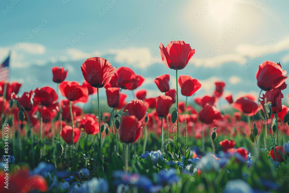 Fototapeta premium Beautiful poppy field in the sun. Generated by artificial intelligence