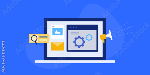Business uses digital marketing tool software for SEO optimization, social media promotion and email marketing conceptual vector illustration.
