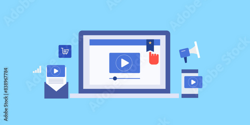 Inform audience and promoting business on internet with video content social media, email mobile and laptop electronic devices, vector illustration.