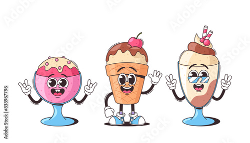 Retro groovy Happy Ice Cream Cartoon Characters With Vibrant Expressions. Playful Desserts Exude Nostalgia