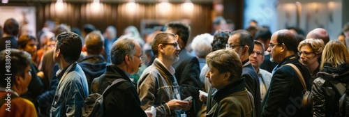 A diverse group of individuals engaged in conversation and networking during a conference photo