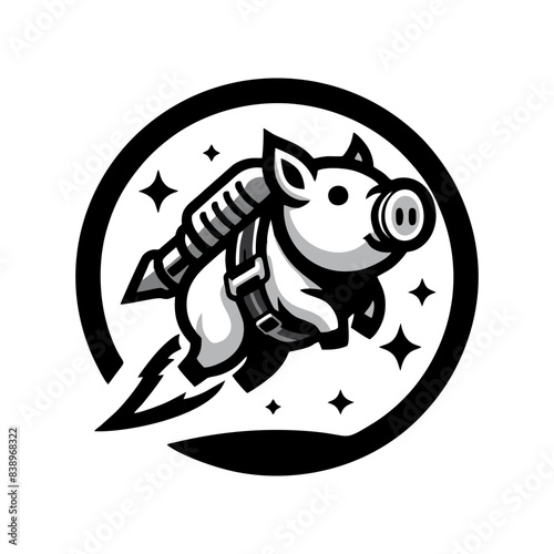 pig and rocket logo. pig logo design wearing a rocket on its back.pig rocket illustration
