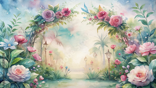 Watercolor background featuring floral arch decorations