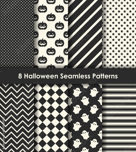 Set of 8 Halloween Seamless Patterns in Black and White. For wrapping paper, scrapbooking, fabric, background, package design, etc.