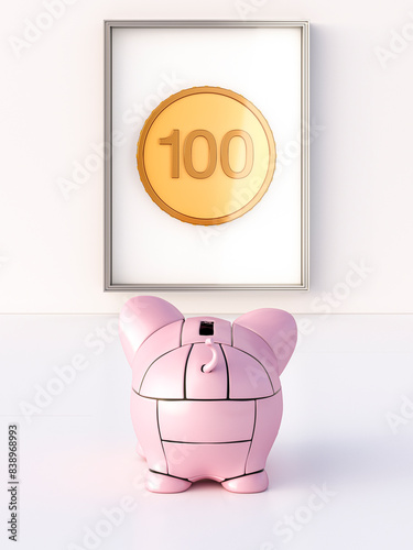 Rendering of pink robot piggy bank in front of coin in a frame