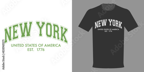 Vector illustration of T-shirt NEW YORK. United States of America, USA founding date, typographic print, independence day t-shirt template. Varsity College Fashion. Vintage style lettering