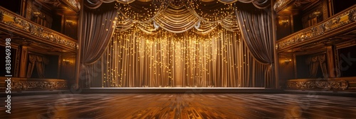 A wide shot of an empty theater stage with golden curtains and intricate details. The stage is illuminated with string lights, creating a warm and inviting atmosphere photo