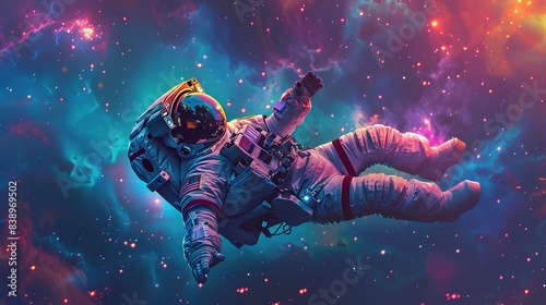 Dreamy astronaut floating in space, with a glowing helmet and colorful stars © MochSjamsul