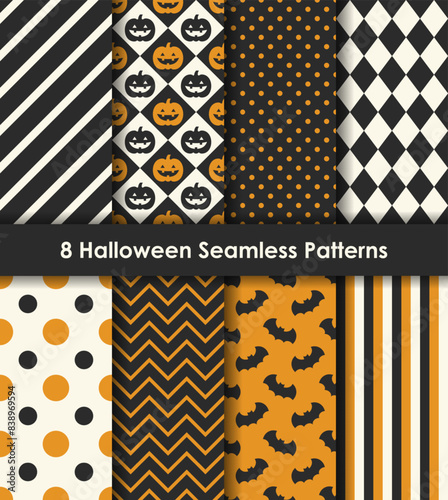 Set of 8 Halloween Seamless Patterns in Black, Orange, and White. For wrapping paper, scrapbooking, fabric, background, package design, etc.