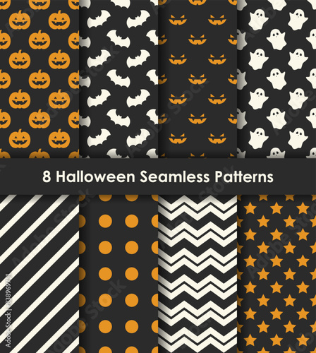 Set of 8 Halloween Seamless Patterns in Black, Orange, and White. For wrapping paper, scrapbooking, fabric, background, package design, etc.