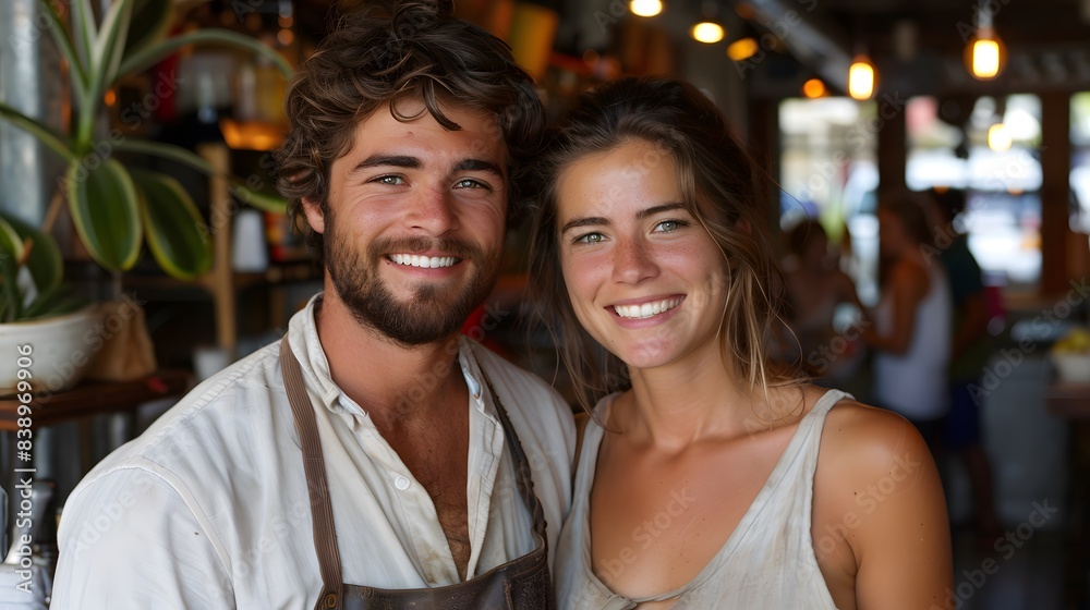 Smiling man and woman in casual attire enjoying their time together in a cozy, warmly lit café with a vibrant atmosphere. Smiling man and woman in casual attire enjoying their time together in a cozy, warmly lit café with a vibrant atmosphere.