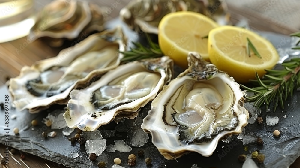 Fresh oysters adorned with lemon and herbs on a bed of ice, offering a delightful seafood experience Fresh oysters adorned with lemon and herbs on a bed of ice, offering a delightful seafood experience