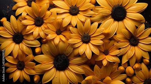 Bright yellow sunflower petals delicately scattered on a solid black background, their vibrant hue creating a striking effect