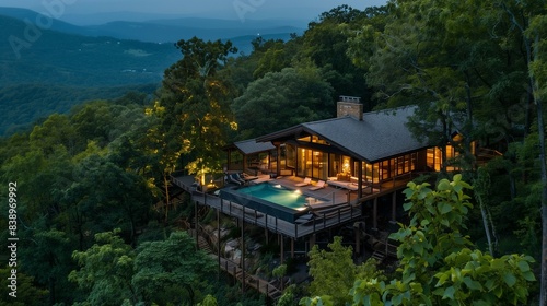 A secluded mountain retreat with luxury cabins and panoramic views of the surrounding wilderness.