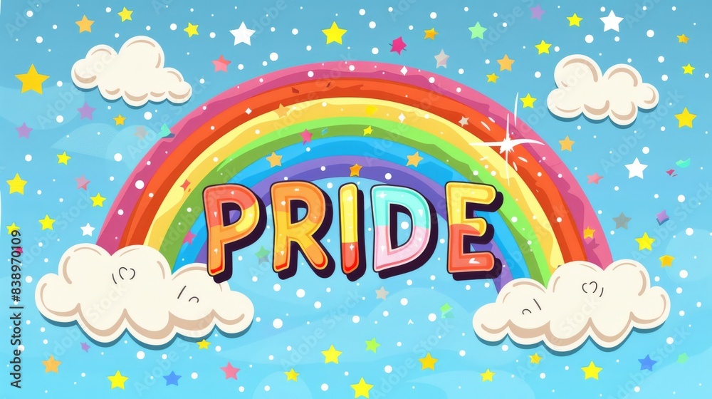 Playful pride rainbow with fluffy clouds and colorful stars on a light blue background, showcasing inclusivity, joy, and celebration in a fun and whimsical illustration. Playful pride rainbow with fluffy clouds and colorful stars on a light blue background, showcasing inclusivity, joy, and celebration in a fun and whimsical illustration.