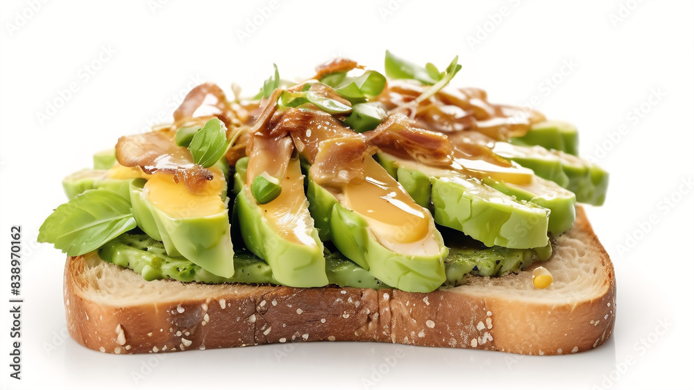 Avocado toast close up isolated on white background Avocado toast close up isolated on white background