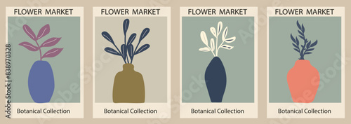 Set of abstract Flower Market posters. Trendy botanical wall arts with foliage and plants design in bright colors. Modern naive funky interior decorations. Vector art illustration