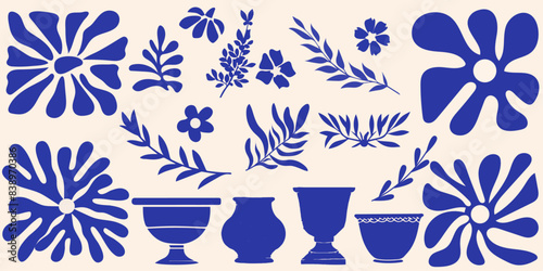 Matisse curves aestethic. Groovy abstract flower and vases art. Organic floral doodle shapes in trendy naive retro hippie 60s 70s style. Trendy minimal botanical style for poster, logos, covers. 