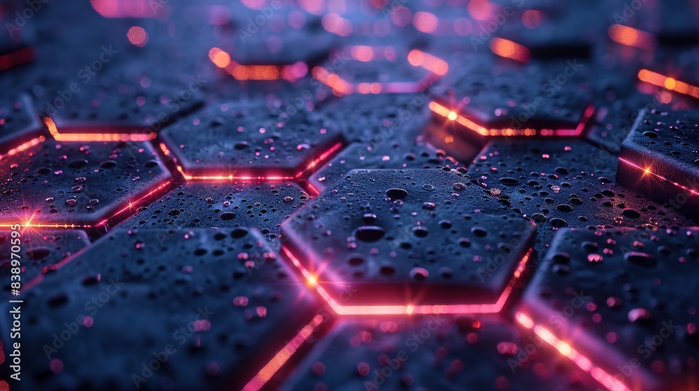 Blue hexagonal tiles with glowing pink edges, virtual screen technology Blue hexagonal tiles with glowing pink edges, virtual screen technology